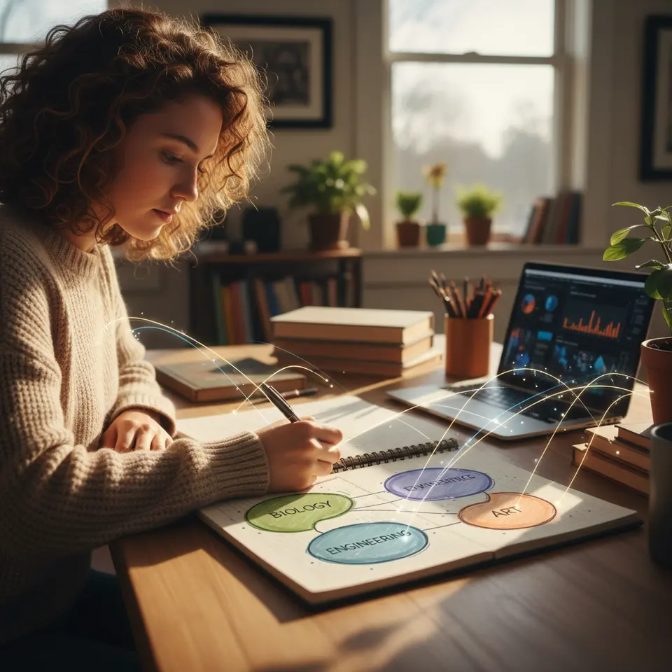Embracing Cross-Disciplinary Exploration – a dynamic illustration of overlapping fields (biology, engineering, art, data analytics) connected by glowing lines, with a person at a desk journaling insights and drawing bridges between domains