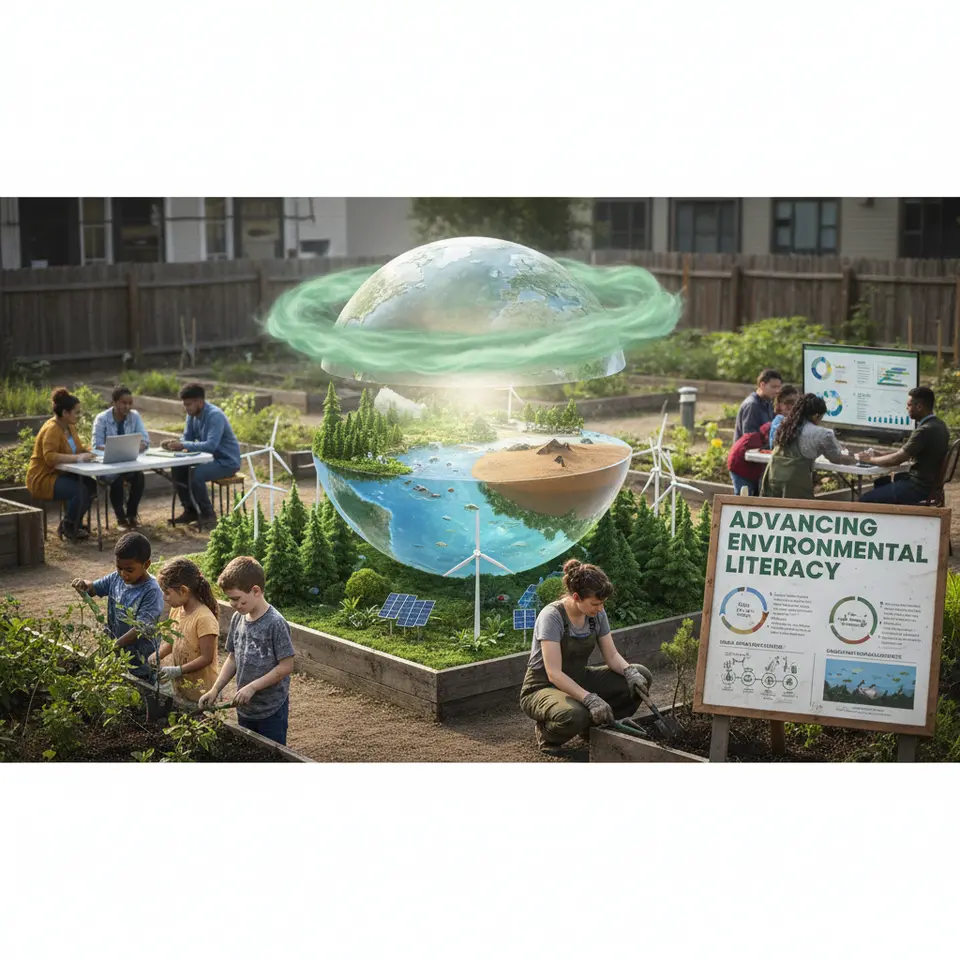 Advancing Environmental Literacy – a vibrant scene showing Earth cross-section with greenhouse gas layer, diverse ecosystems (forest, ocean, desert), icons for renewable energy (wind turbines, solar panels), and people engaged in conservation activities