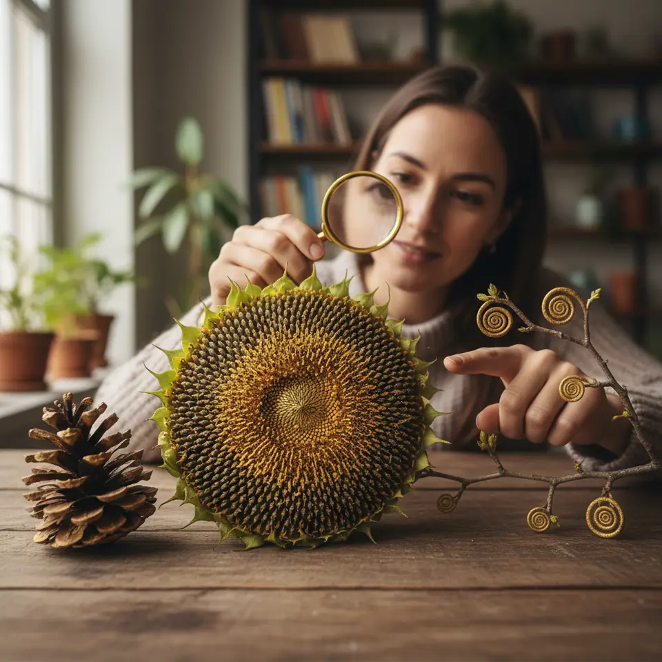 Close-up of Fibonacci Patterns in Flora: a vibrant sunflower head with its seed spirals highlighted in gold, beside a pinecone and a branching tree twig, all showcasing the precise, overlapping Fibonacci spiral arrangement found in nature