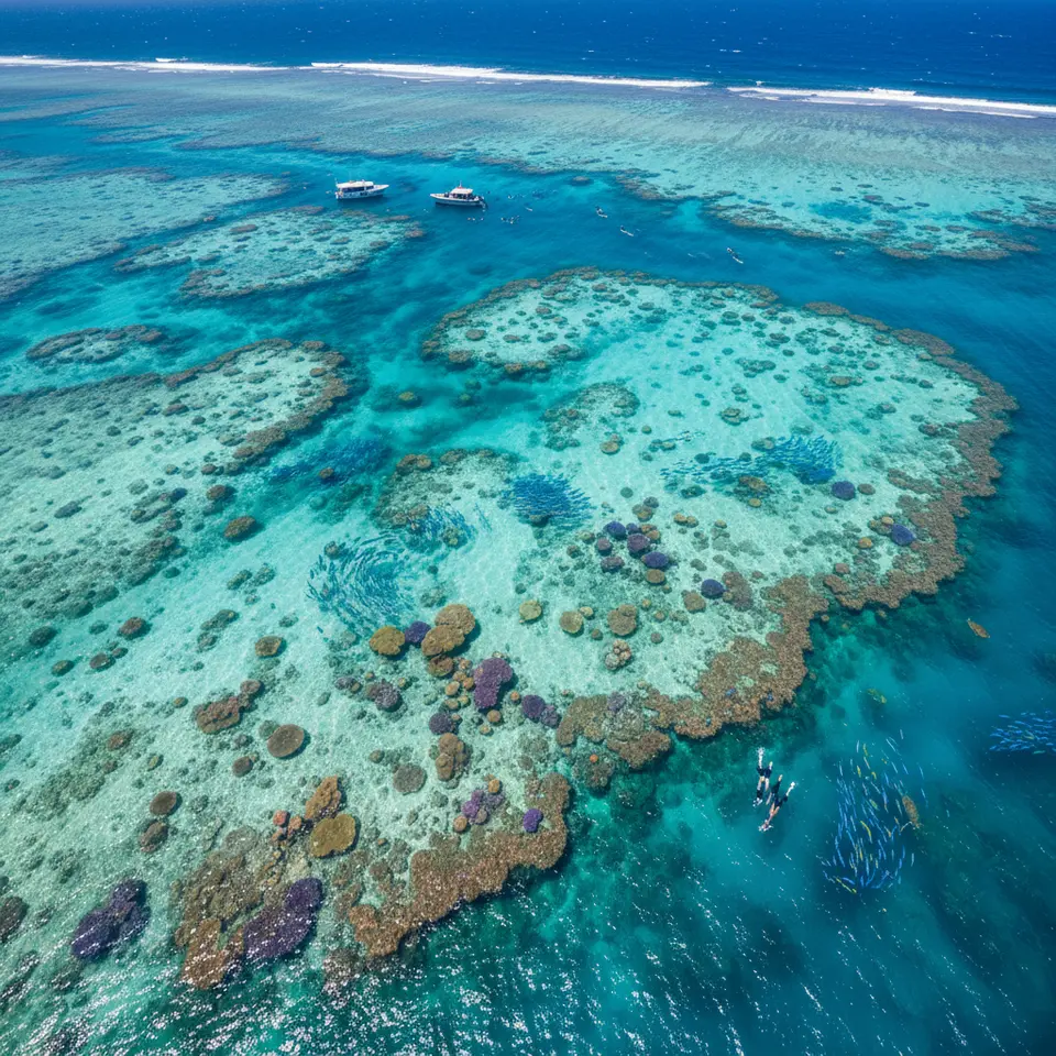 Aerial panorama of the Great Barrier Reef: an expansive view of turquoise ocean waters revealing intricate coral formations, schools of colorful fish, sea turtles, and reef structures, capturing the reef’s biodiversity and scale visible from above