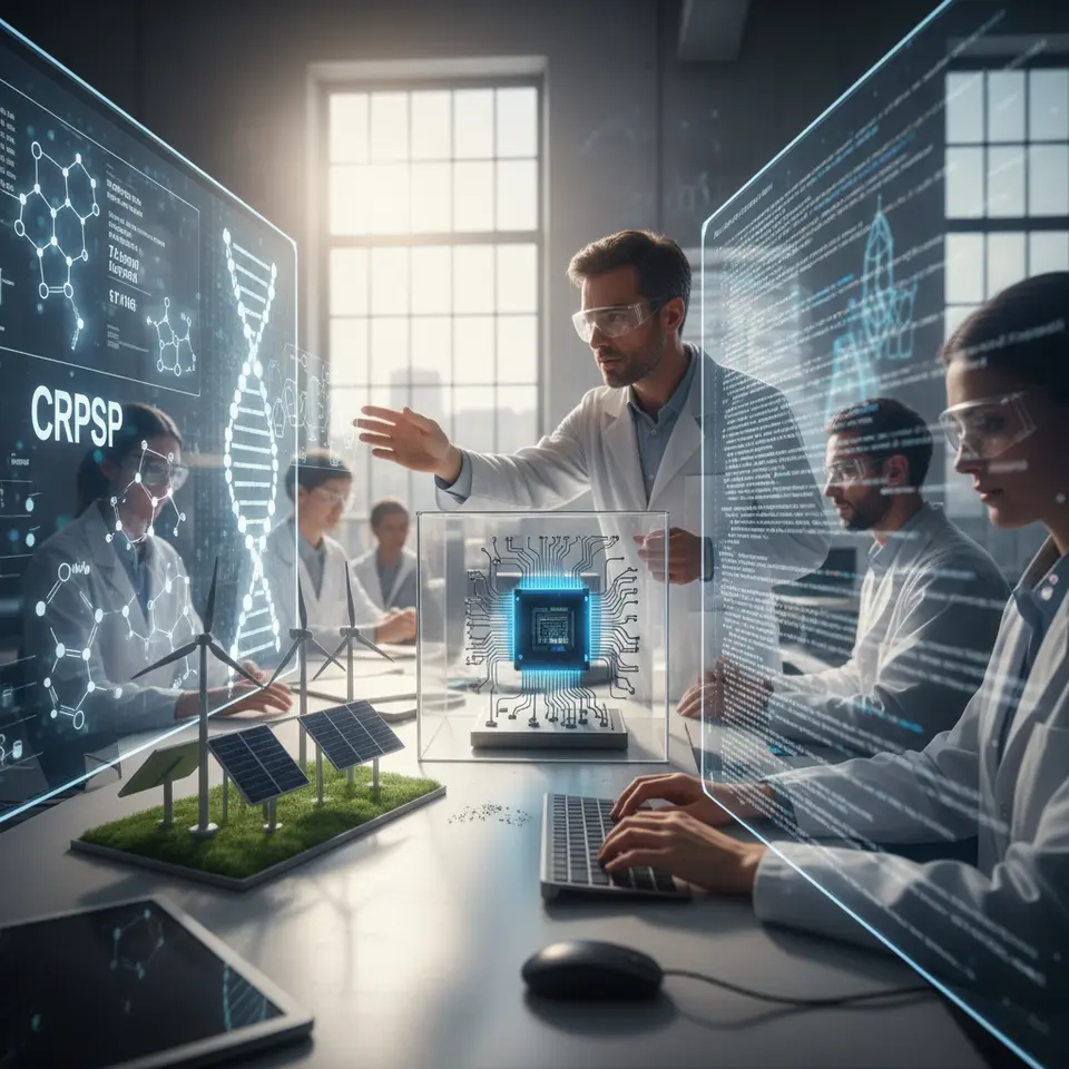 Deep Dive into Core Knowledge Domains – Science and Technology: a vibrant collage showing foundational science concepts (molecular structures, DNA strand for CRISPR), renewable energy symbols (solar panels, wind turbines), quantum computer hardware, and lines of code on a screen