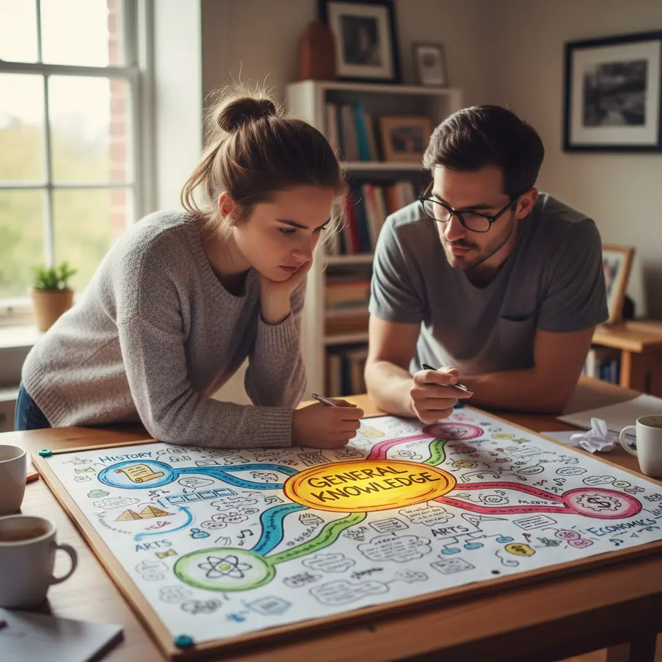Techniques for Retention – Mind Mapping and Visual Tools: a colorful mind map radiating from a central “General Knowledge” circle, with branches labeled History, Science, Arts, Economics, each branch illustrated with icons (scroll, atom, paintbrush, dollar sign) and connecting lines that form flowcharts and timelines